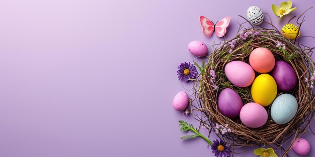 Easter eggs in nest with purple background and butterflie