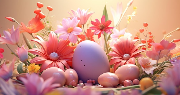 Easter eggs in nest with spring flowers 3d illustration