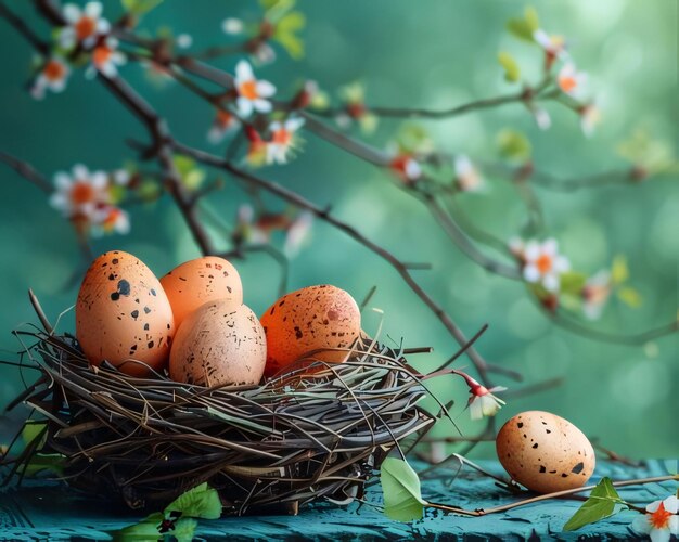 Пасхальные яйца в гнезде на деревянном фоне с весенними цветами