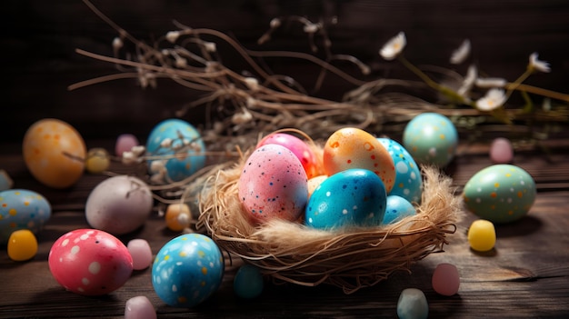 Easter eggs in a nest on a wooden table