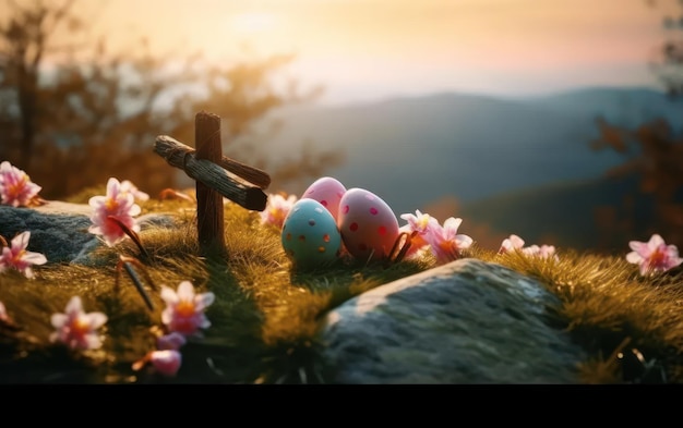 Foto uova di pasqua all'aperto in natura il tempo primaverile ai generativa