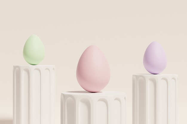 Easter eggs painted in pastel colors on beige pillar podiums