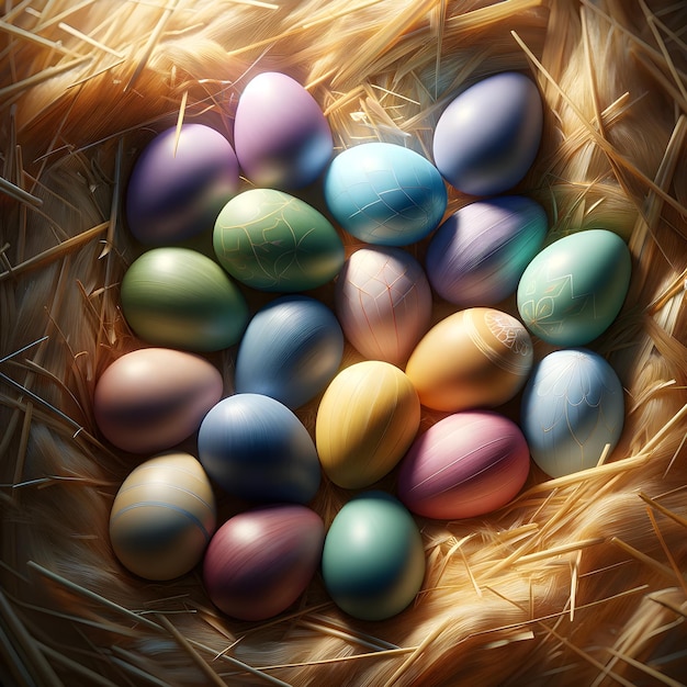 Photo easter eggs painted in soft and delicate shades on rice straw