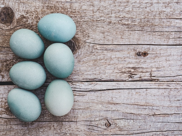 Easter eggs painted with colorful paints. View from above, no people, texture. Congratulations for loved ones, relatives, friends and colleagues