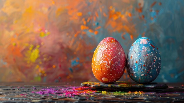 Пасхальные яйца, окрашенные в цвета творческие яйца pysanky на темном размытом фоне красить брызги и вихри