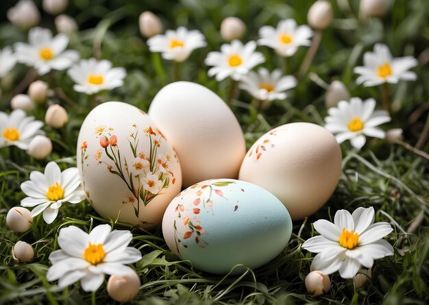 Photo easter eggs painted with floral patterns on grass with white daisies generative ai