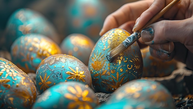 Photo easter eggs painted with golden paint in the form of snowflakes