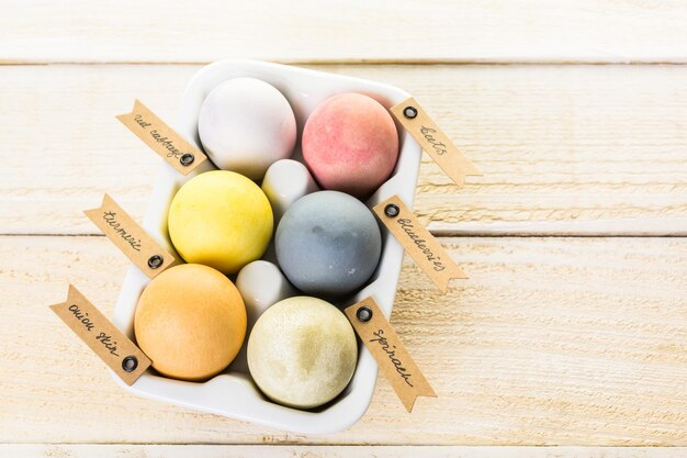 Easter eggs painted with natural egg dye from fruits and vegetables.