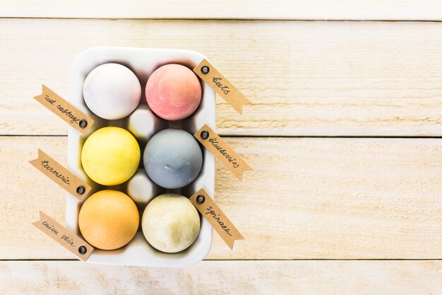 Easter eggs painted with natural egg dye from fruits and vegetables.