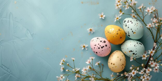 Easter eggs on a pastel background with flowers Spring composition with copy space