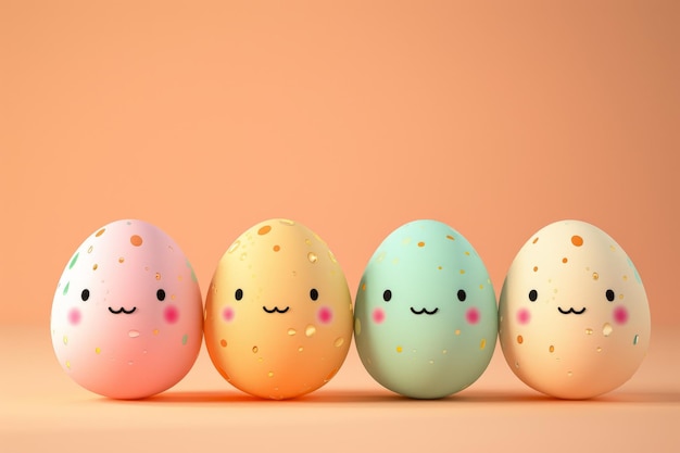 An Easter eggs pastel colors with cute faces Peach color background side view