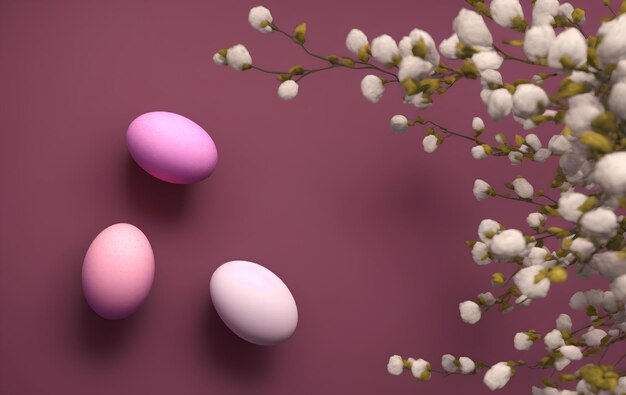 Пасхальные яйца на розовом фоне с веткой белых цветов.