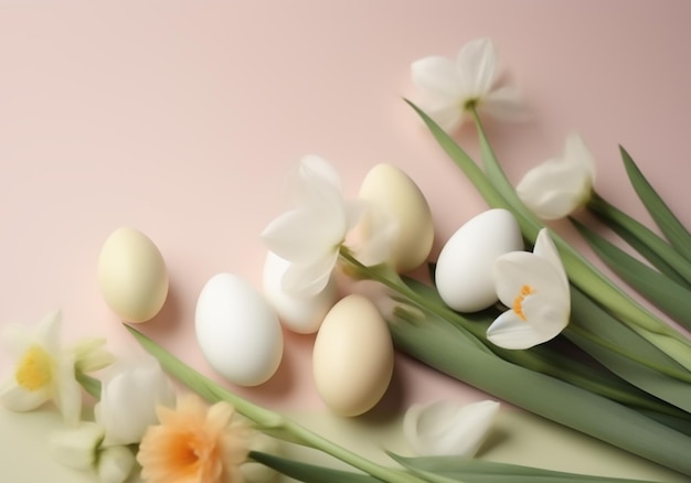 Easter eggs on a pink background with white flowers and a yellow tulip.