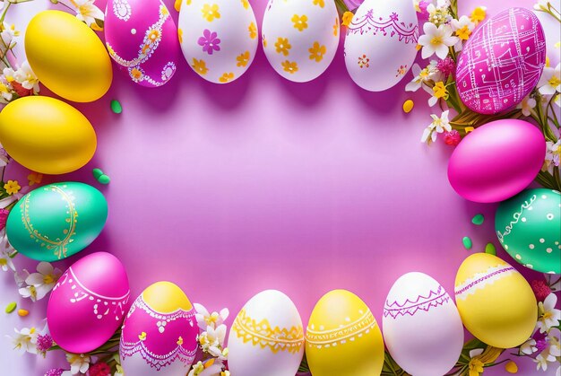 Easter eggs on a pink background with white flowers