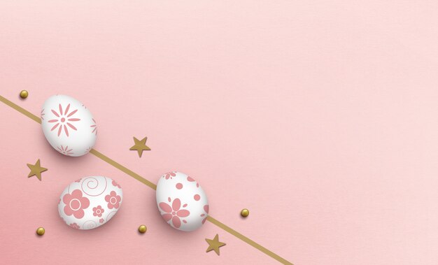 Easter eggs on pink paper background, top view