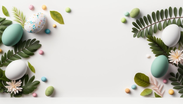 Easter eggs and a plant on a white background