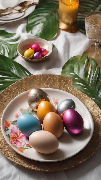 Easter eggs on plate near napkins with tropical paints and leaves