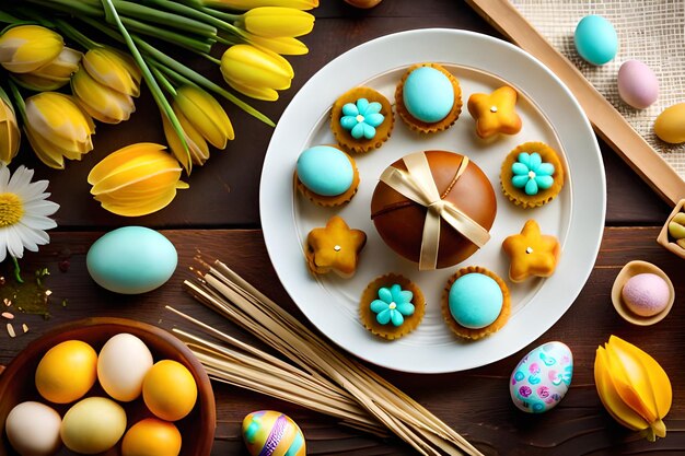 Easter eggs on a plate with easter eggs on the table