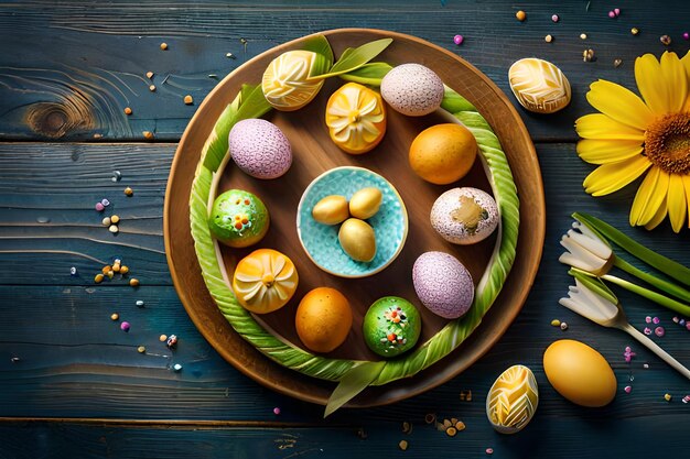 Easter eggs on a plate with flowers and a blue plate with a gold egg on the top