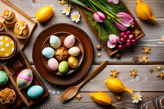 Photo easter eggs on a plate with flowers and a wooden spoon.