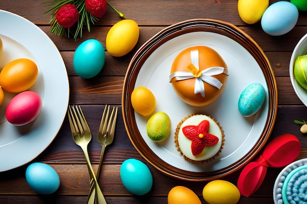 easter eggs on a plate with a plate of easter eggs and a plate of easter eggs.