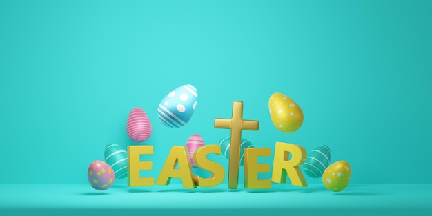 Uova di pasqua e podio su sfondo pastello rendering 3d