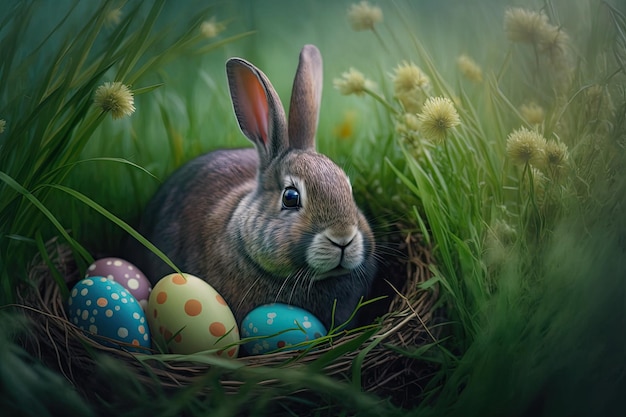 Easter eggs and a rabbit amid lush grass