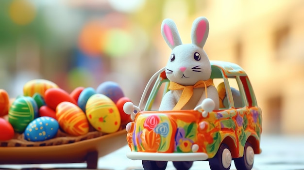 Easter eggs and a rabbit in a car