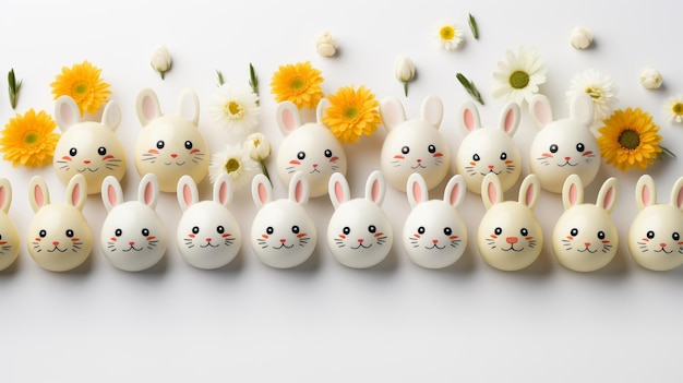 easter eggs rabbits with spring flowers on white top view