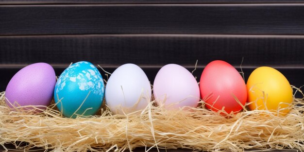 Easter eggs in a row with straw on the floor