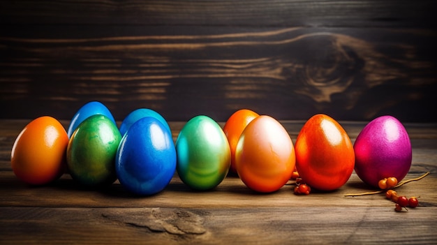 Photo easter eggs in a row on a wooden table