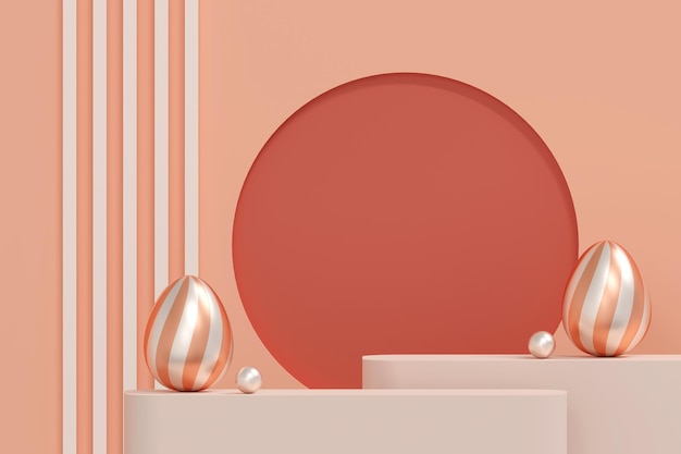 Easter eggs and silver ball on orange podium background