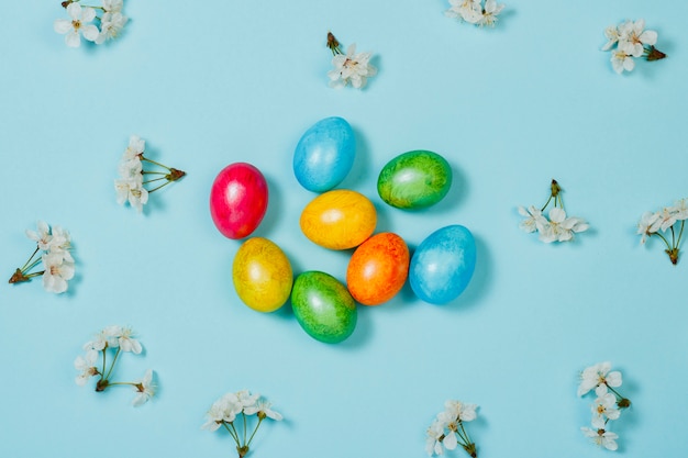 Пасхальные яйца и весенние цветы на синем фоне. Концепция празднования Пасхи. Плоская планировка, вид сверху