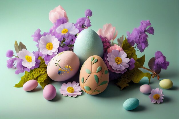 Easter eggs and spring flowers on a green backgroundgenerative ai