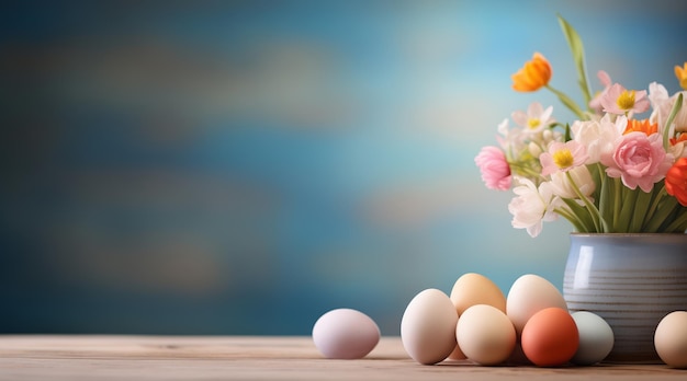 Easter eggs and spring flowers on wooden table with copy space