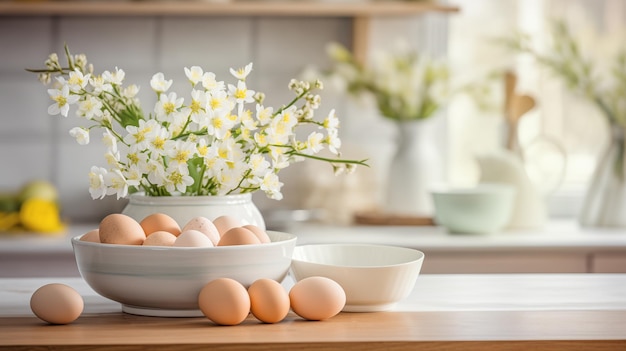 Easter eggs and spring flowers on wooden table with copy space