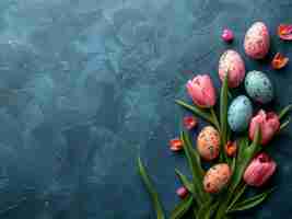 Photo easter eggs and spring tulips flat lay on blue background with copy space