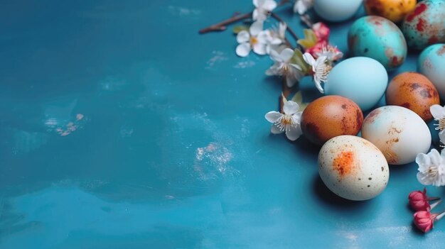 Easter eggs and springtime flowers over blue background Spring holidays concept with copy space Top view