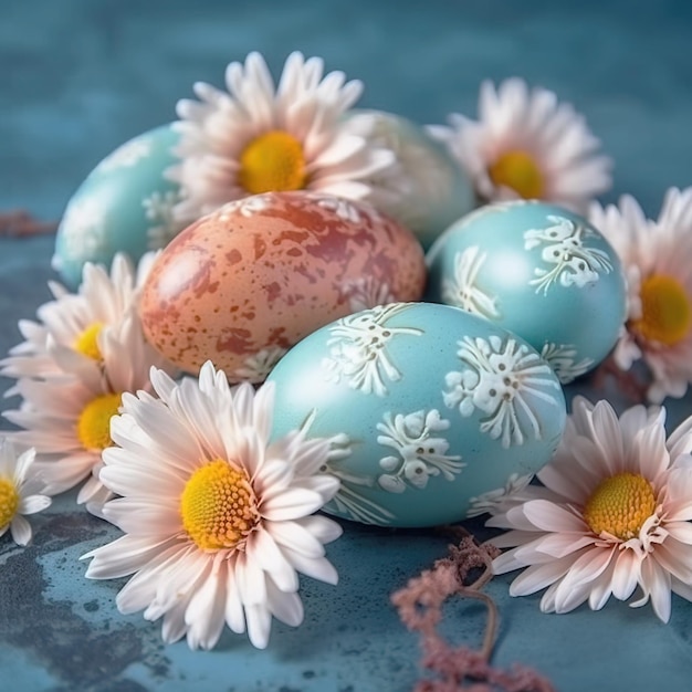 Easter eggs and springtime flowers over blue background Spring holidays concept with copy space