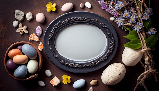 Easter eggs on a table with flowers and a plate with a plate that says'easter '