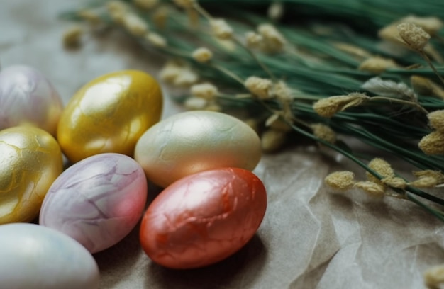 Easter eggs on a table with wheat and flowers