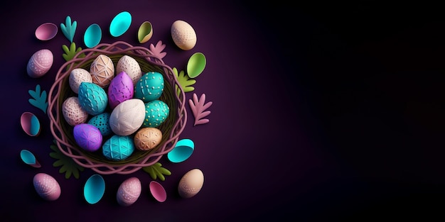 Easter eggs top view banner with empty copy space blank background beautiful painted eggs in basket concept illustration created with generative ai