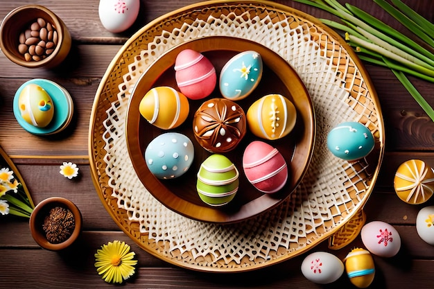 easter eggs on a tray with a flower on the top.