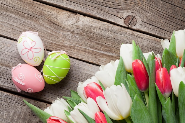 Easter eggs and tulips bouquet