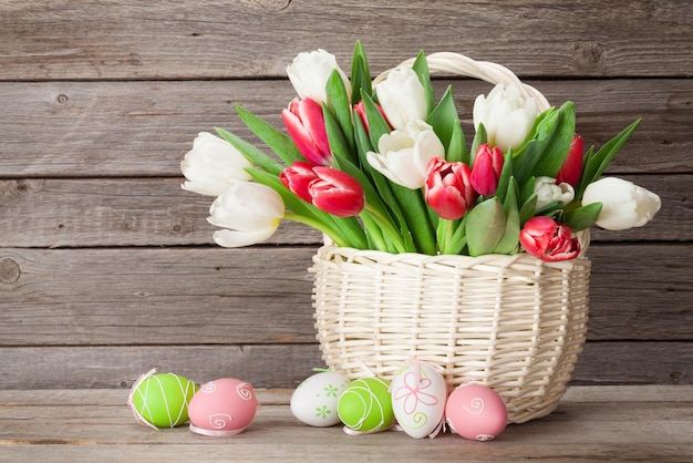 Easter eggs and tulips bouquet