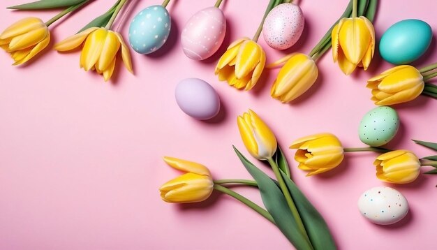 Photo easter eggs and tulips on pink background happy easter template banner ai generated