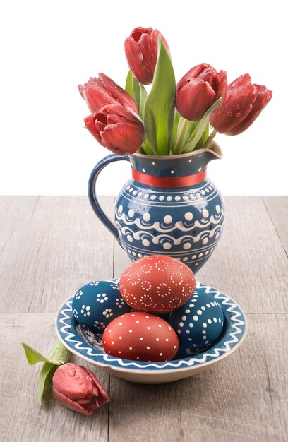 Easter eggs and tulips