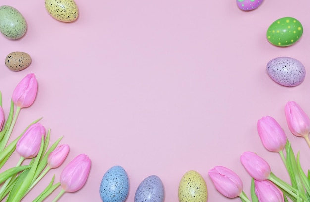 Easter Eggs and tulipsEaster holiday background