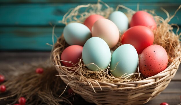 Easter eggs of various colors in a twig basket hay in the background