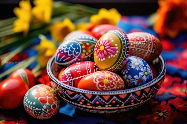 Easter eggs in various hues thoughtfully arranged in a basket against the backdrop of springtime flowers creating a festive and vivid tableau